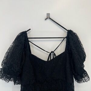 Lucy Paris Square Sweetheart Neck Lace Sheer Puff Sleeve Tiered Babydoll Dress